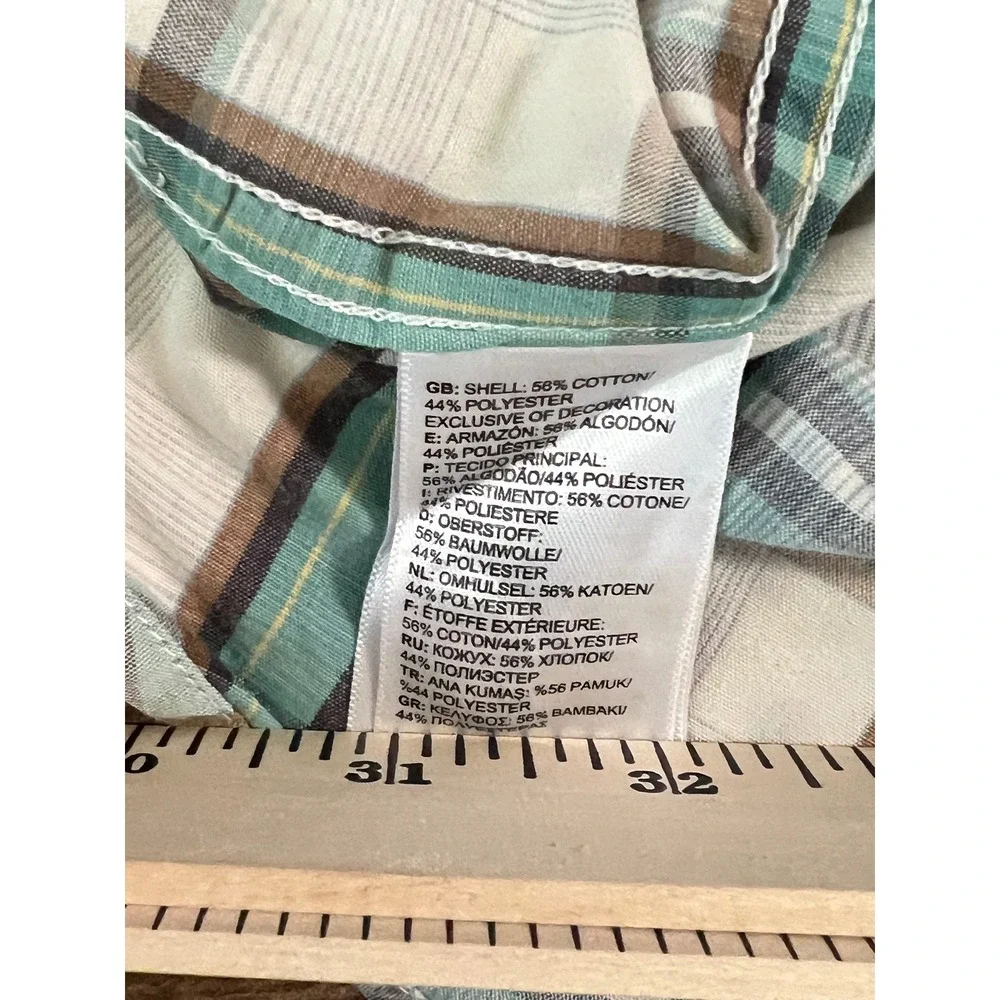 The North Face Mens XL Short Sleeve Plaid Button Down Shirt Teal White Brown